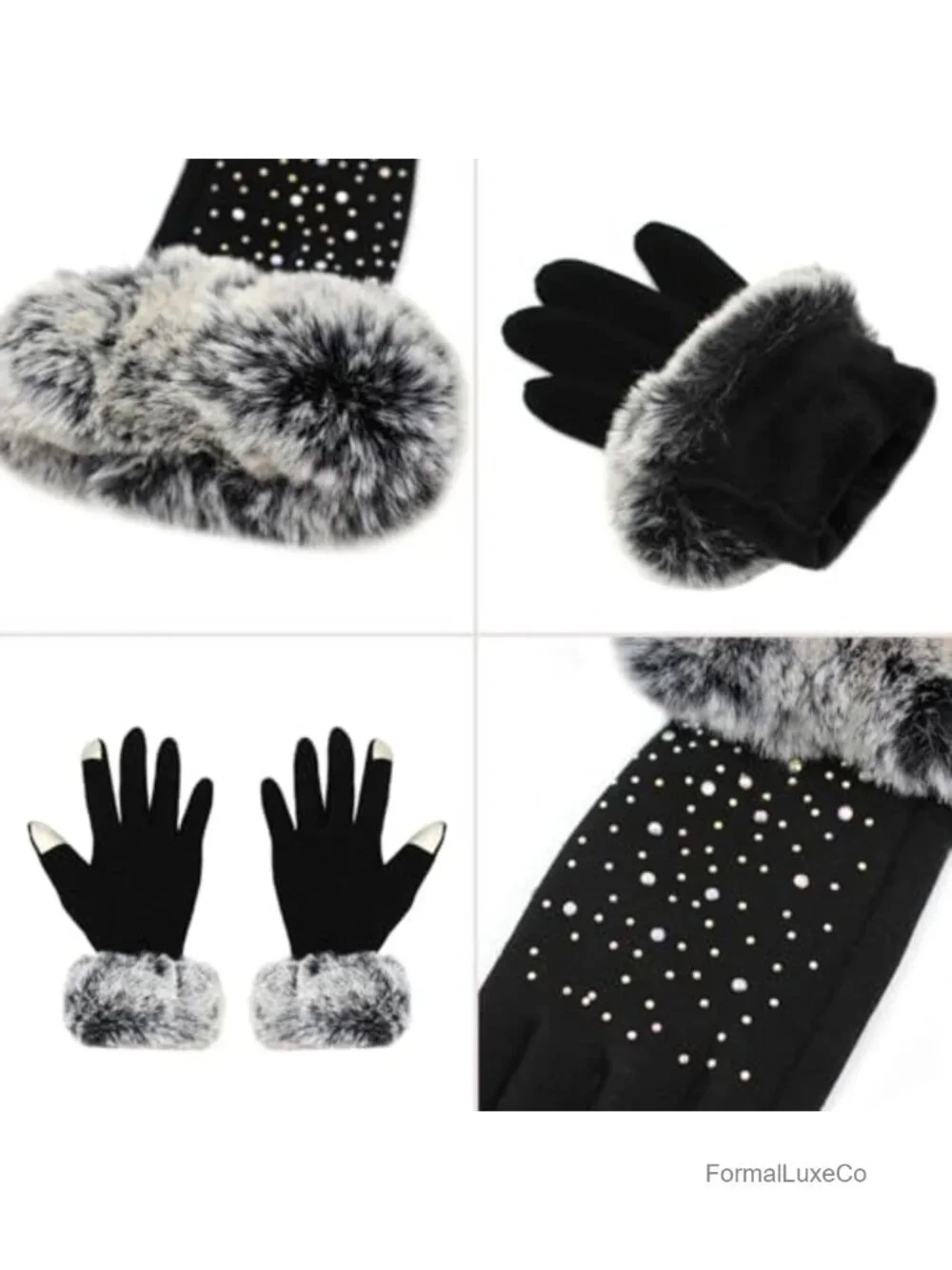Rhinestone Touchscreen Fleece Lined Winter Gloves with Faux Fur Cuffs